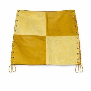 Vintage Suede Leather Patchwork Mini Skirt‎ Lace Up Gold Yellow 70s